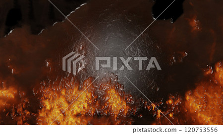A frozen view of an explosive orange flame on a black background A frozen view of an explosive orange flame on a black background 120753556