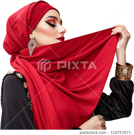 young muslim woman with red silk scarf 120753971