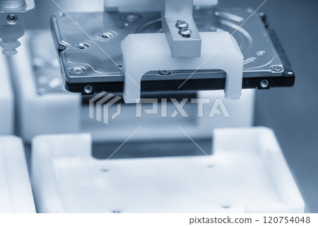 The high technology material handling process the computer parts by robotic system in the light blue scene. 120754048