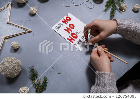 Sustainable Christmas preparation Diy process of making handmade greeting cards. Step by step activity for children. Inclusive and responsible stress relief holiday hobby 120754395