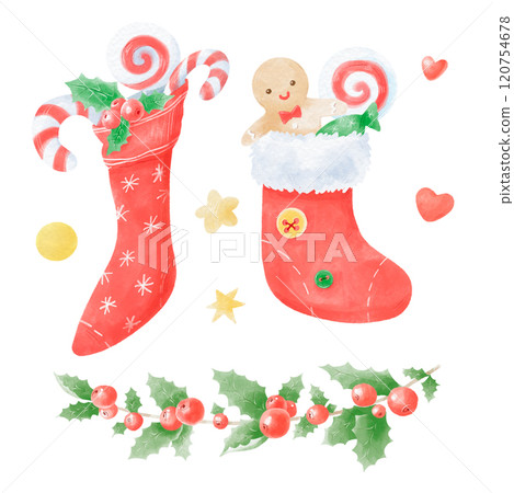 Watercolor illustration Christmas set of gifts, sweets, elements 120754678