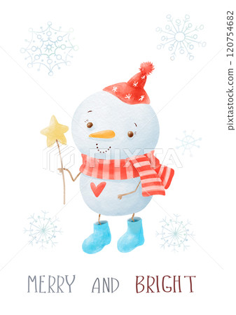 Christmas Watercolor Card Hand Drawn Cute Snowmen 120754682