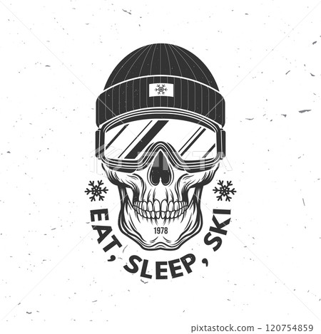 Ear, sleep, ski. Vector retro badge. Concept for shirt, print, seal or stamp with ski glasses, skull skeleton in winter sport hat. Family vacation, activity or travel. For logo design, patches 120754859