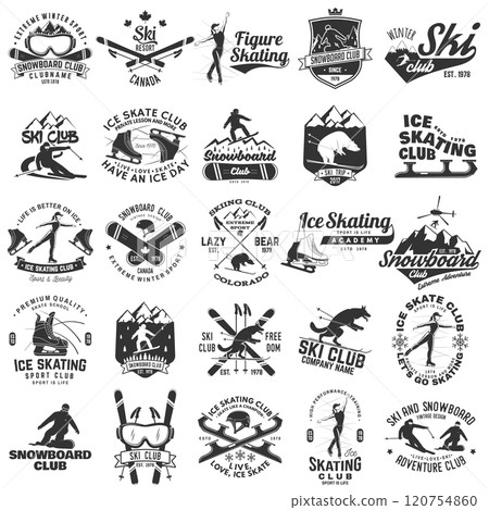 Ski, Ice Skate and Snowboard Club emblem. Vector. Concept for shirt, print, stamp, badge or tee. Vintage typography design with snowboarder, skate, skates blades and skier silhouette. Winter sport 120754860