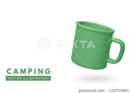 Green camping mug isolated on white background. Vector illustration. 3D Camping mug for outdoor enthusiasts, hikers, and survivalists. Green camping mug isolated on white background. Vector illustration. 3D Camping mug for outdoor enthusiasts, hikers, and survivalists. 120754865