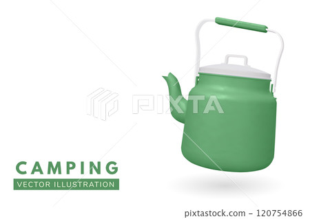 Green camping kettle water boiler isolated on white background. Vector illustration. 3D Camping pot kettle for outdoor enthusiasts, hikers, and survivalists. 120754866