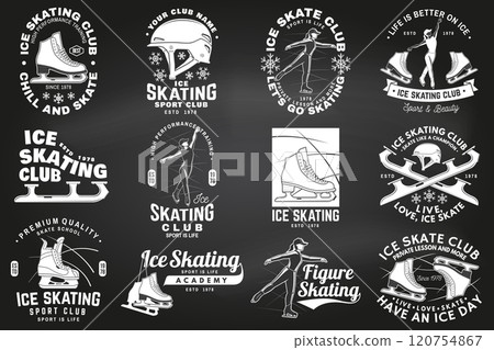 Set of Ice Skate club flyer, poster, banner on the chalkboard. Concept for shirt or logo, print, stamp or tee with skate, skates blades and helmet . Winter sport. Vector illustration. Set of Ice Skate club flyer, poster, banner on the chalkboard. Concept for shirt or logo, print, stamp or tee with skate, skates blades and helmet . Winter sport. Vector illustration. 120754867