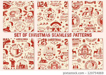 Set of Lucky Christmas casino night. Vintage print, logo, badge design with santa claus, casino dice, dove holding casino chips, poker playing card, slot machines and sweet candy cane. Vector 120754869