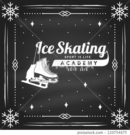 Ice Skate club flyer, poster, banner on the chalkboard. Concept for shirt or logo, print, stamp or tee with skate, skates blades and helmet . Winter sport. Vector illustration. Ice Skate club flyer, poster, banner on the chalkboard. Concept for shirt or logo, print, stamp or tee with skate, skates blades and helmet . Winter sport. Vector illustration. 120754875