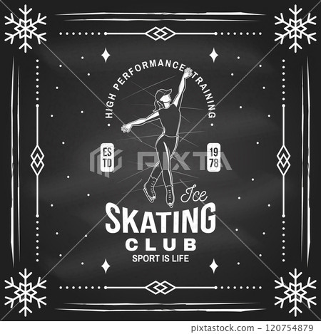 Ice Skate club flyer, poster, banner on the chalkboard. Concept for shirt or logo, print, stamp or tee with ice skater girl. Winter sport. Vector illustration. 120754879