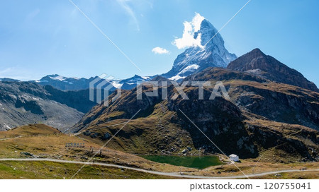 Spectacular view of the Matterhorn from Schwarzsee, Zermatt, Switzerland 120755041