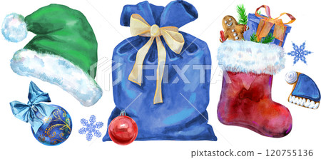 Christmas Santa hat, bag, ball and sock for gift, watercolor illustration 120755136