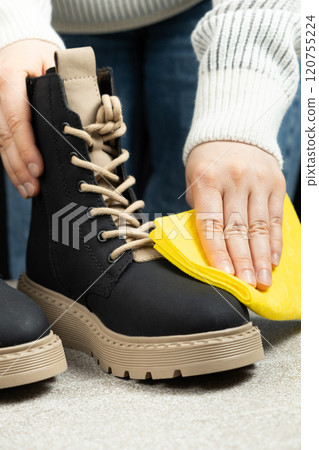 Shoe Care, Woman Wiping Cloth Surface Of Leather Shoe. Shoe Care, Woman Wiping Cloth Surface Of Leather Shoe. 120755224