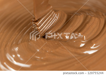 Flow of melted milk liquid chocolate, close-up. 120755244