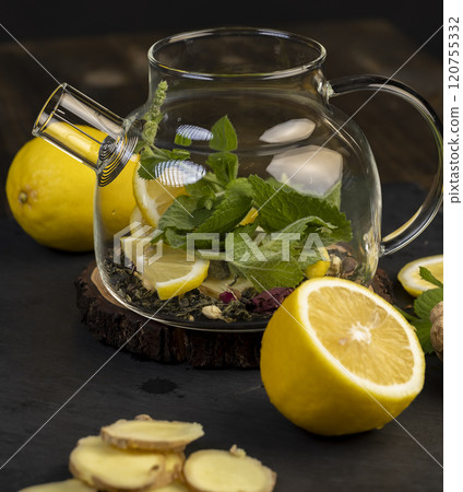 green tea with ginger and green mint with lemon green tea with ginger and green mint with lemon 120755332
