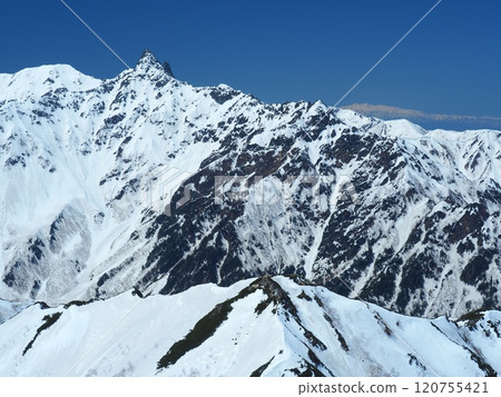 從北阿爾卑斯大天陽山看到的被殘雪覆蓋的矢裡岳 120755421