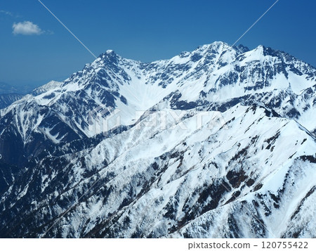 從北阿爾卑斯山的大天陽山看到的被殘雪覆蓋的穗高山脈 120755422