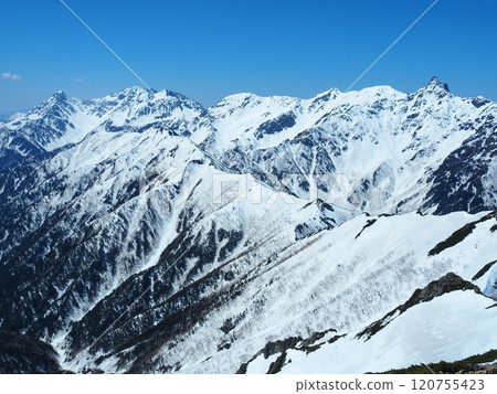 Snow-covered Mount Yari and the Hotaka mountain range as seen from Mount Daitenjo in the Northern Alps 120755423