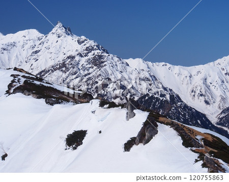 Snow-covered Mt. Yari seen from Mt. Tsubaki in the Northern Alps 120755863