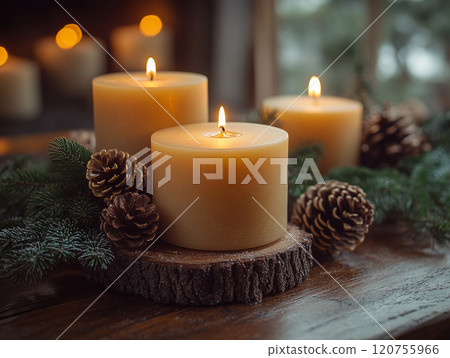 冬季室內裝飾有溫暖的燈光和天然材料 120755966