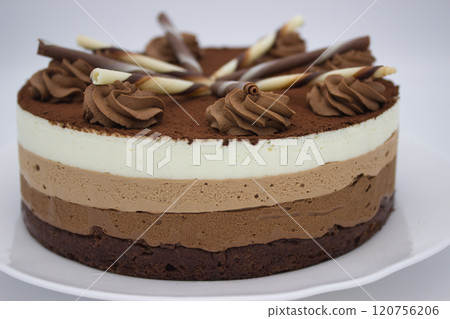 Decadent Chocolate Cake with Cream Swirls 120756206