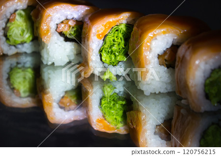 Sushi Rolls with Salmon and Fresh Greens Sushi Rolls with Salmon and Fresh Greens 120756215