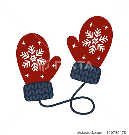 Red mittens with Christmas pattern. Warm accessory for winter. Decorative element for Christmas design. Pair of gloves Red mittens with Christmas pattern. Warm accessory for winter. Decorative element for Christmas design. Pair of gloves 120756478
