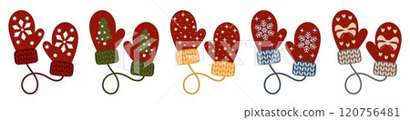 Colourful mittens with Christmas pattern. Warm accessory for winter. Decorative element for Christmas design. Knitted mittens with white pattern. Colourful mittens with Christmas pattern. Warm accessory for winter. Decorative element for Christmas design. Knitted mittens with white pattern. 120756481