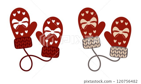 Pair of red knitted mittens with bow and hearts. Warm accessory for winter. Decorative element for Christmas design. Knitted mittens with white pattern. 120756482