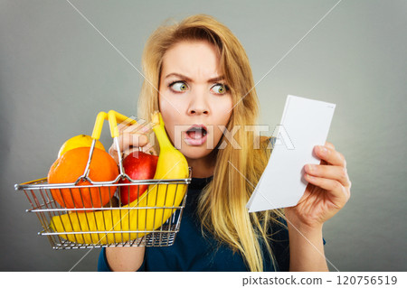 Shocked woman holding shopping basket with fruits 120756519