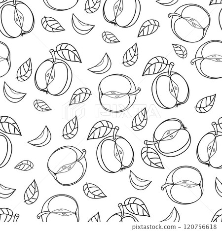 Seamless pattern with fruit Apple on white background. Line outline hand drawing. Vector illustration 120756618