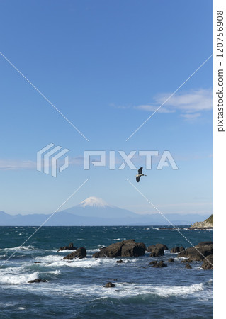 富士山在波濤洶湧的大海中 富士山在波濤洶湧的大海中 120756908