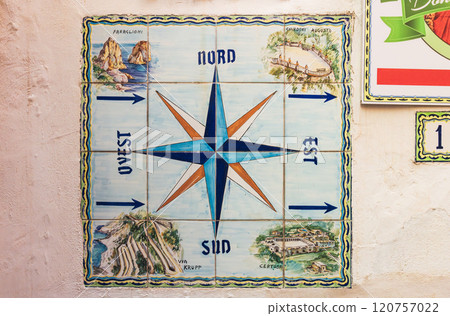 Vintage Compass Tile Art featuring Directional Markings and Engaging Geometric Patterns in Capri island 120757022