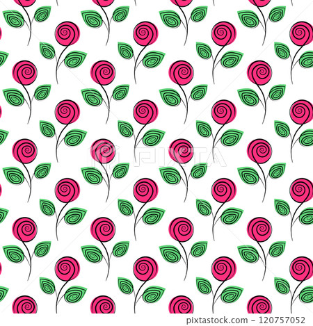 Abstract Rose on stem with leaves Seamless Pattern in trendy bright marker colors. Spring background Abstract Rose on stem with leaves Seamless Pattern in trendy bright marker colors. Spring background 120757052