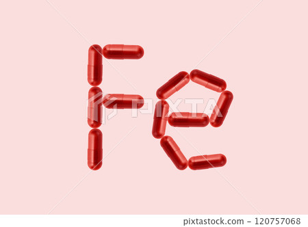 Creative idea for iron anemia concept. Supplement of ferritin in red capsule. Capsule representing iron supplementation for treating or managing iron deficiency and anemia. 120757068