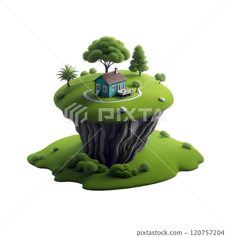 3D model of a house that sits on a hill and has a lawn. 120757204