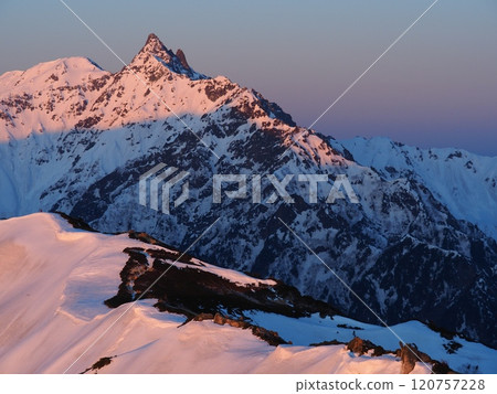 The morning glow of Mt. Yari as seen from Mt. Tsubaki in the Northern Alps 120757228