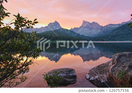 Sunset on mountain lake. Siberian nature reserve. Quiet and calm evening 120757556