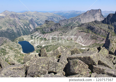 Panoramic top view mountain landscape in Ergaki Natural Park, lake in mountains 120757567
