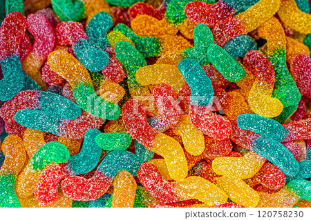 Assorted colorful gummy jelly candies. Top view. Jelly sweets. Assorted colorful gummy jelly candies. Top view. Jelly sweets. 120758230