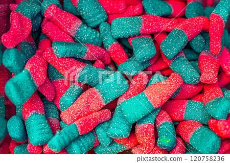 Assorted colorful gummy jelly candies. Top view. Jelly sweets. 120758236