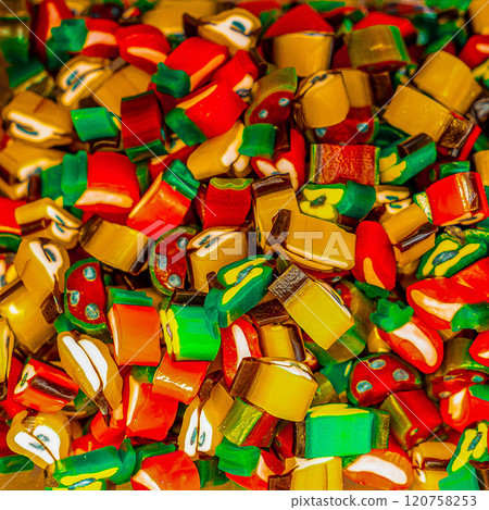 Assorted colorful gummy jelly candies. Top view. Jelly sweets. Assorted colorful gummy jelly candies. Top view. Jelly sweets. 120758253