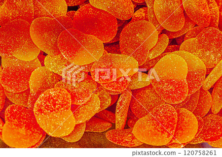 Assorted colorful gummy jelly candies. Top view. Jelly sweets. 120758261