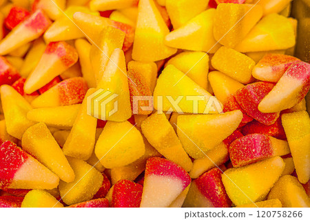 Assorted colorful gummy jelly candies. Top view. Jelly sweets. 120758266