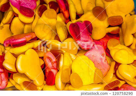 Assorted colorful gummy jelly candies. Top view. Jelly sweets. Assorted colorful gummy jelly candies. Top view. Jelly sweets. 120758290