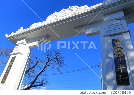The white gate of Fuji Buddha Relic Pagoda Peace Park in Gotemba, Shizuoka Prefecture 120758499