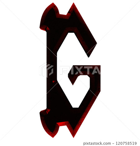 Decorative grunge letter in dull red light. Art font on black background. 120758519