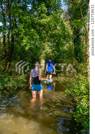 Young People Walk On Flooded Hiking Path Through Forest At High Water In Danube Wetlands National Park In Austria 120758632