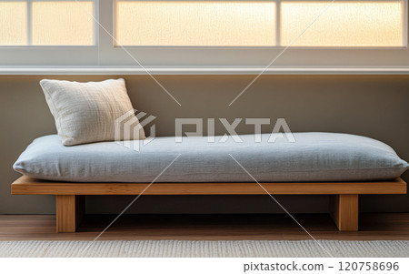 Minimalist interior design with a cozy bench with a soft cushion in a sunlit room 120758696