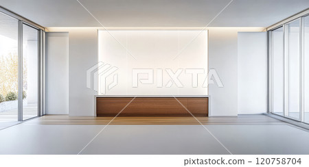 Modern minimalist interior design featuring large windows and natural light in a spacious room 120758704